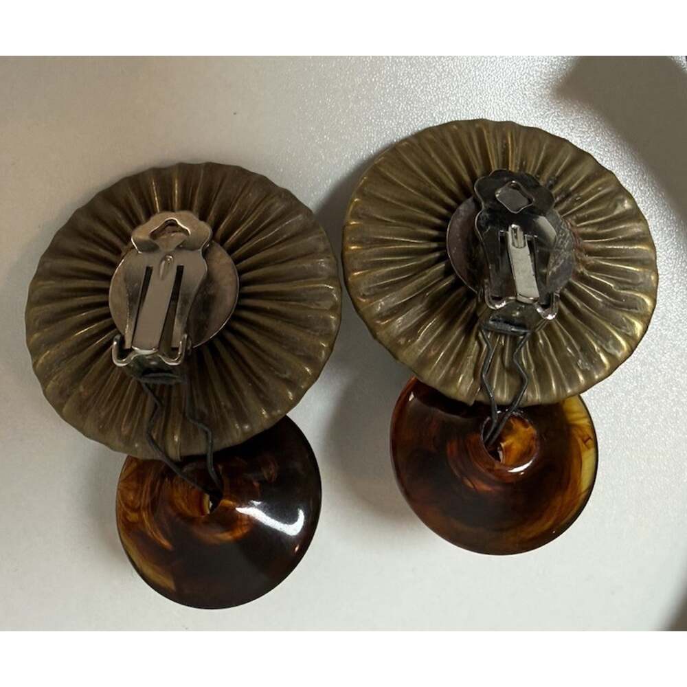 Handmade Brass Wood Statement Necklace Clip Earrings Set Boho Artisan Pendant - Picture 8 of 11
